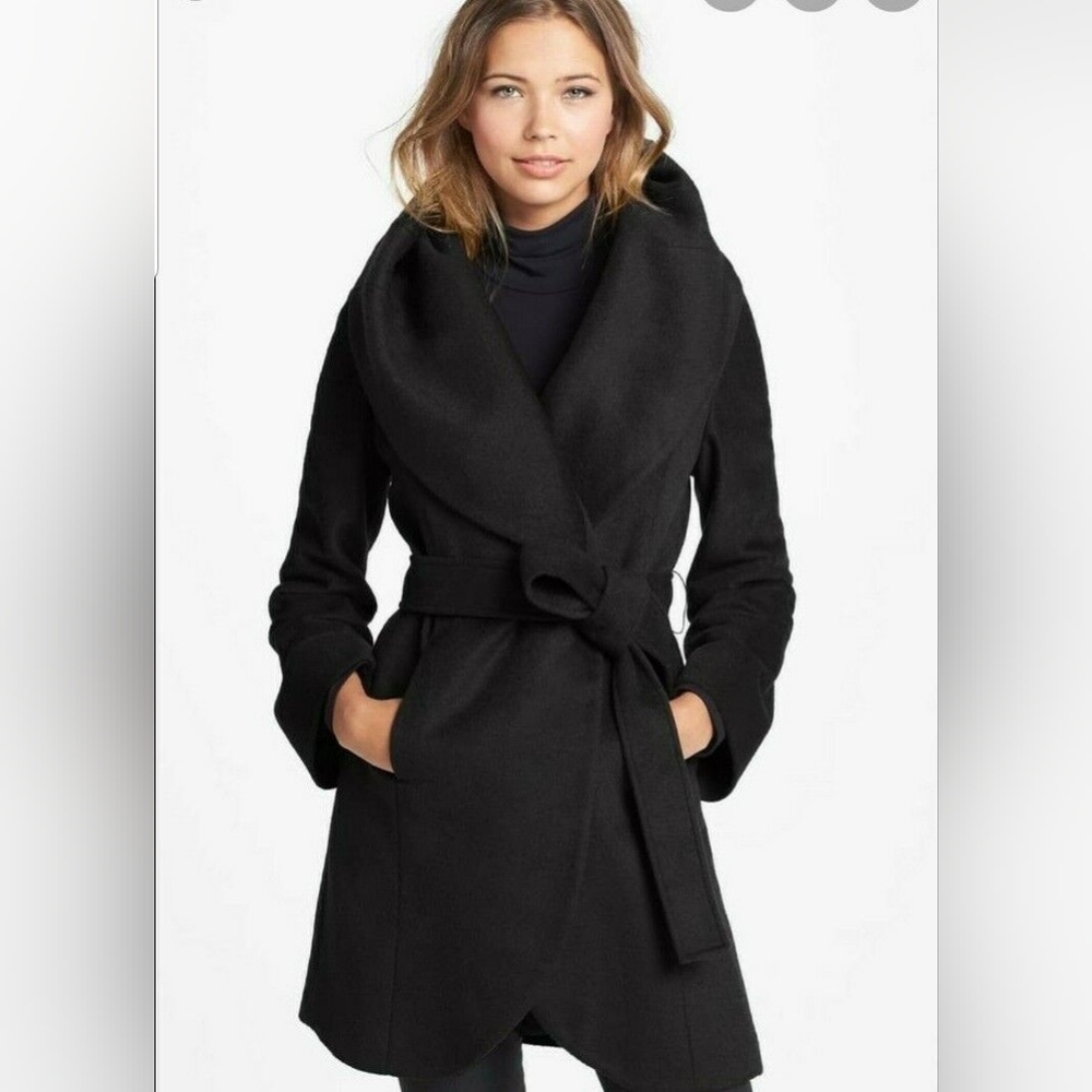 Tahari Black Wool Wrap Coat Size XS